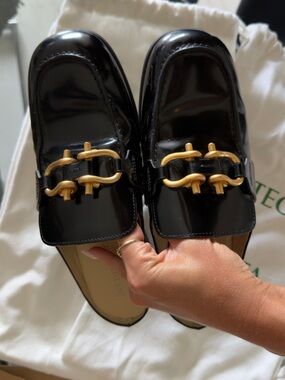 Bottega Veneta Black Patent Leather Loafers with Gold Horsebit
